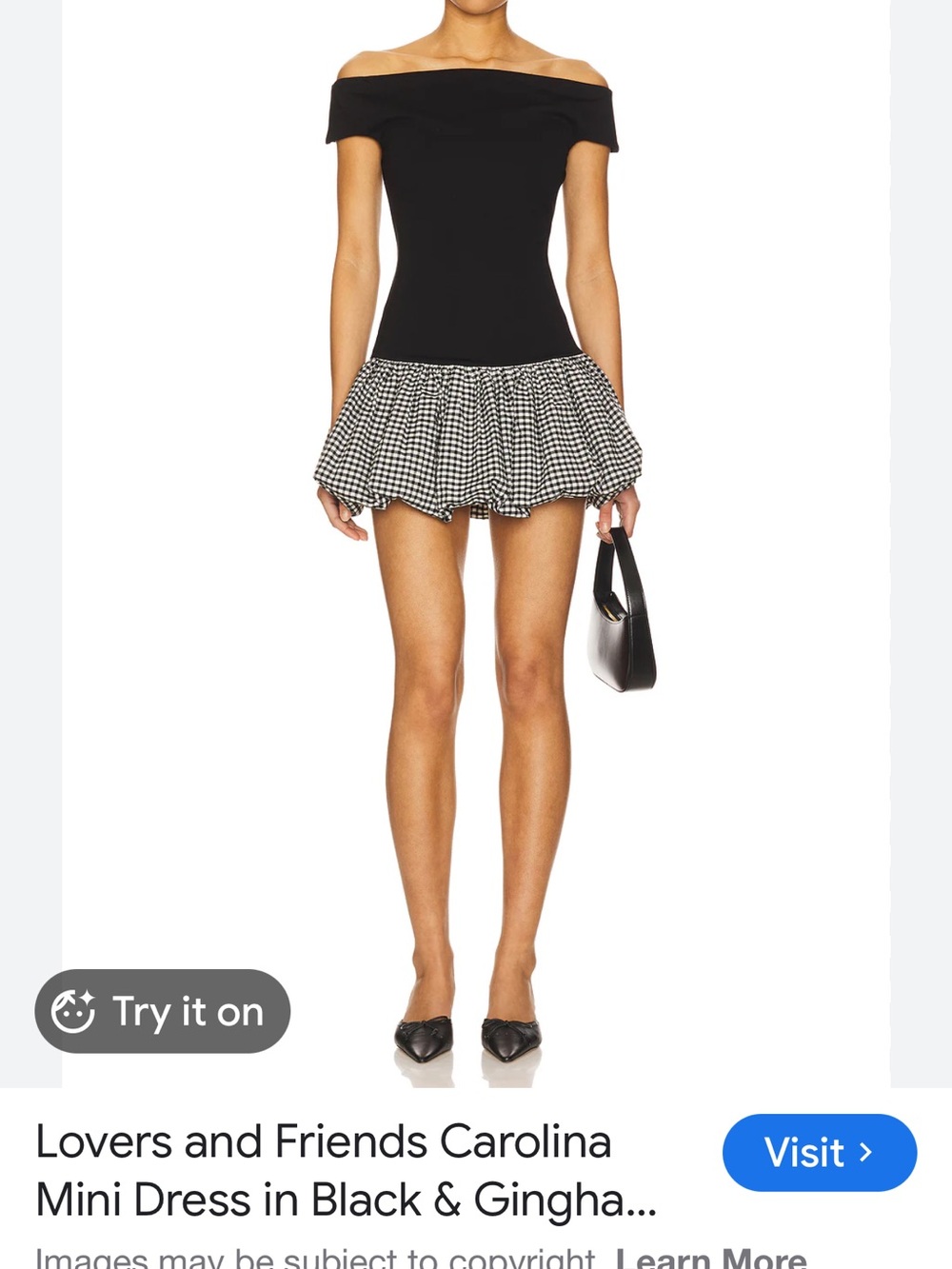 Lovers + Friends Black Off-Shoulder Mini Dress with Gingham Skirt